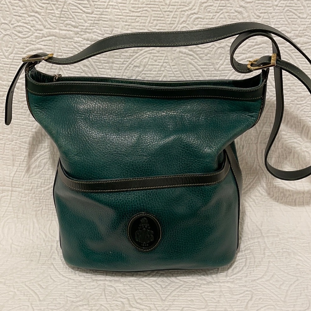Vintage Mark Cross shoulder bag. Dark green with black accents.